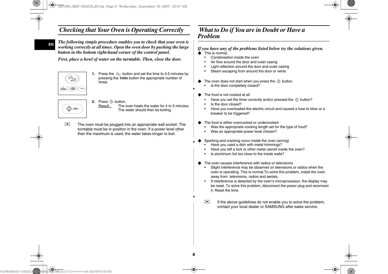 Checking that your oven is operating correctly, What to do if you are in doubt or have aproblem, What to do if you are in doubt or have a problem | Samsung G2739N User Manual | Page 8 / 24