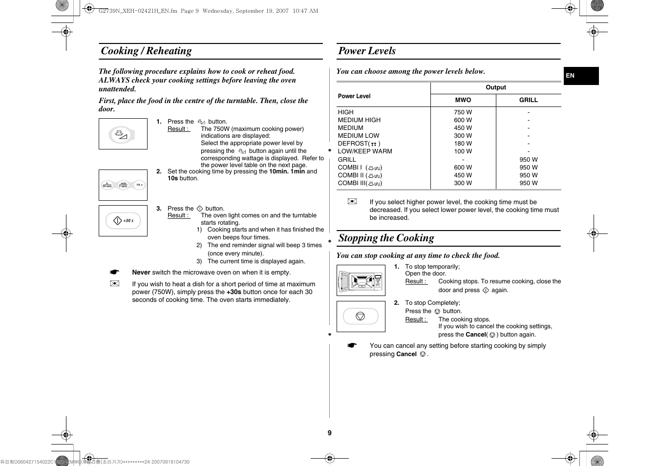 Cooking / reheating, Power levels, Stopping the cooking | Samsung G2739N User Manual | Page 9 / 24