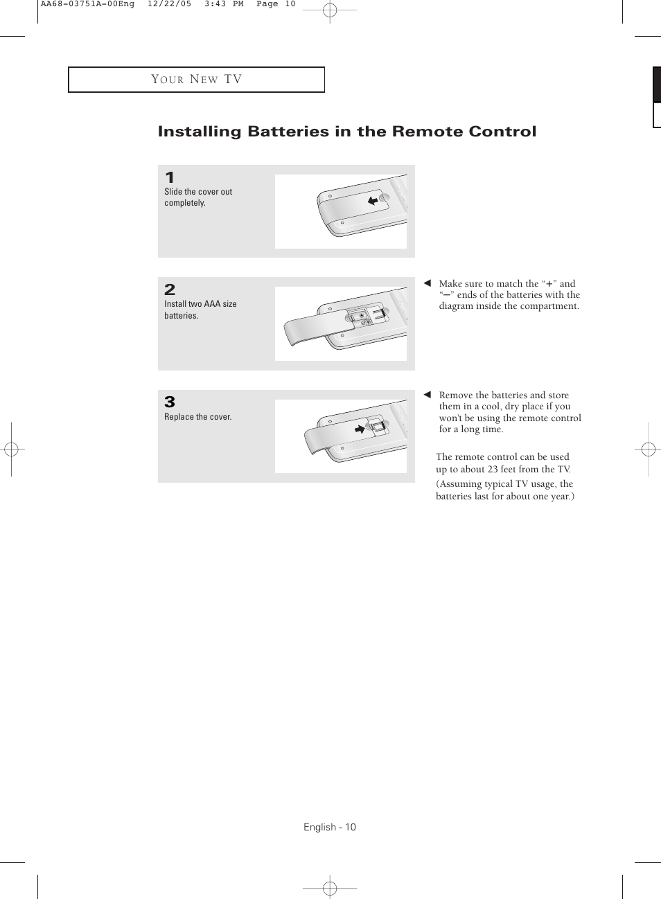 Installing batteries in the remote control | Samsung CL-21Z30 User Manual | Page 10 / 60