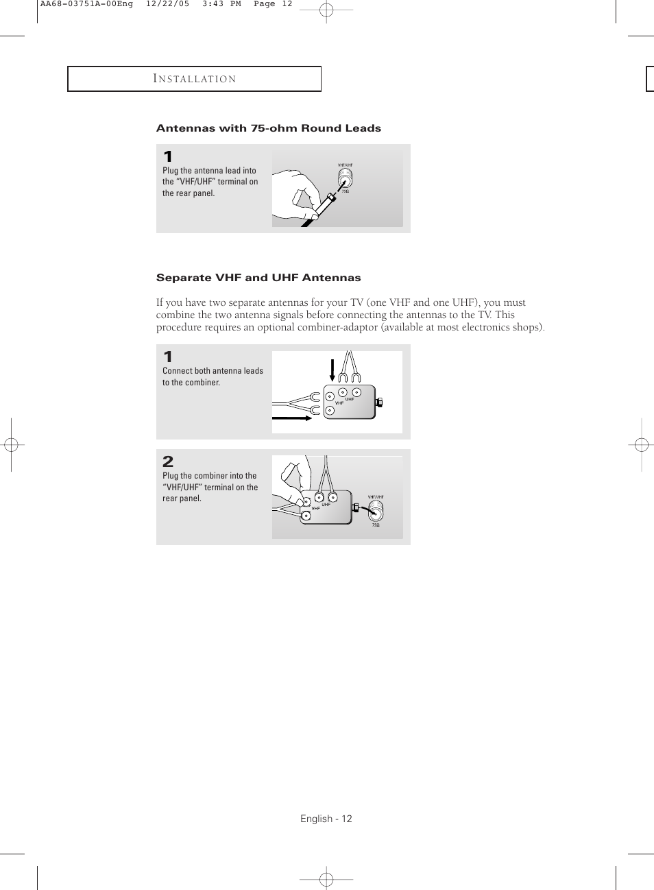 Antennas with 75-ohm round leads, Separate vhf and uhf antennas | Samsung CL-21Z30 User Manual | Page 12 / 60