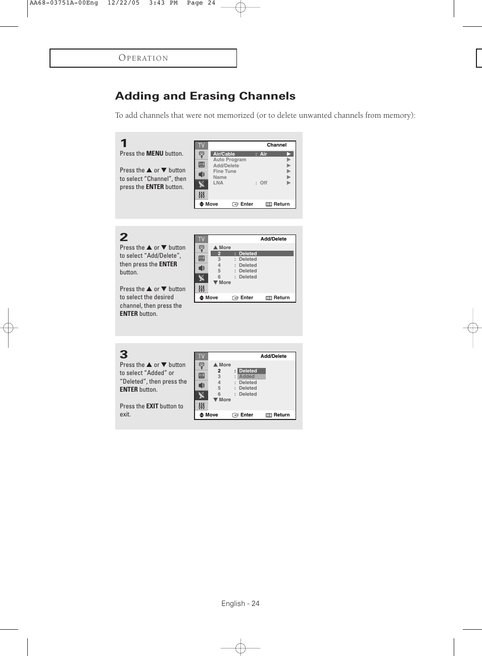 Adding and erasing channels | Samsung CL-21Z30 User Manual | Page 24 / 60