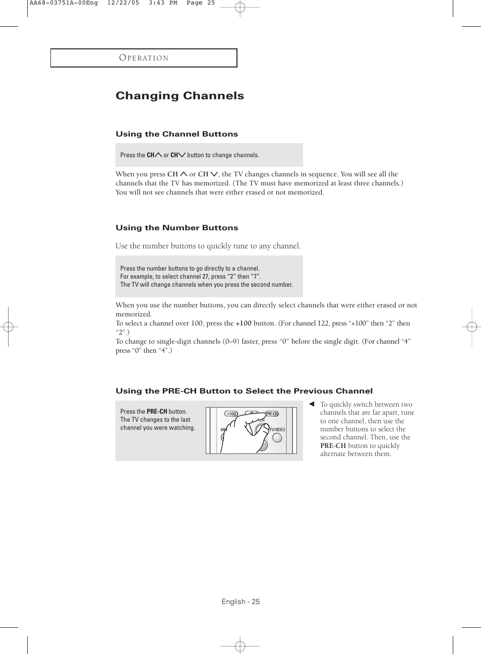 Changing channels, Using the channel buttons, Using the number buttons | Samsung CL-21Z30 User Manual | Page 25 / 60