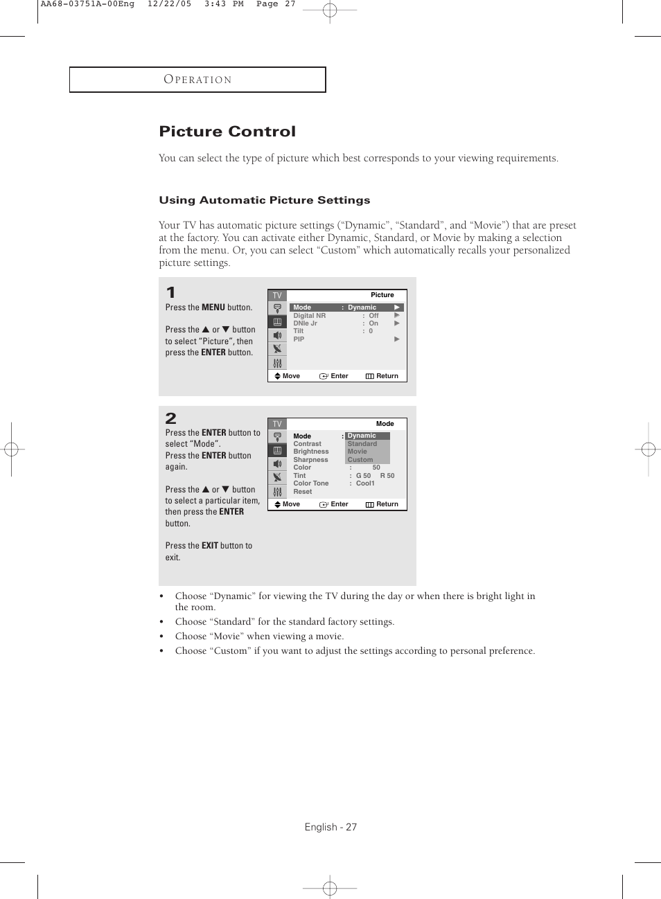 Picture control, Using automatic picture settings | Samsung CL-21Z30 User Manual | Page 27 / 60