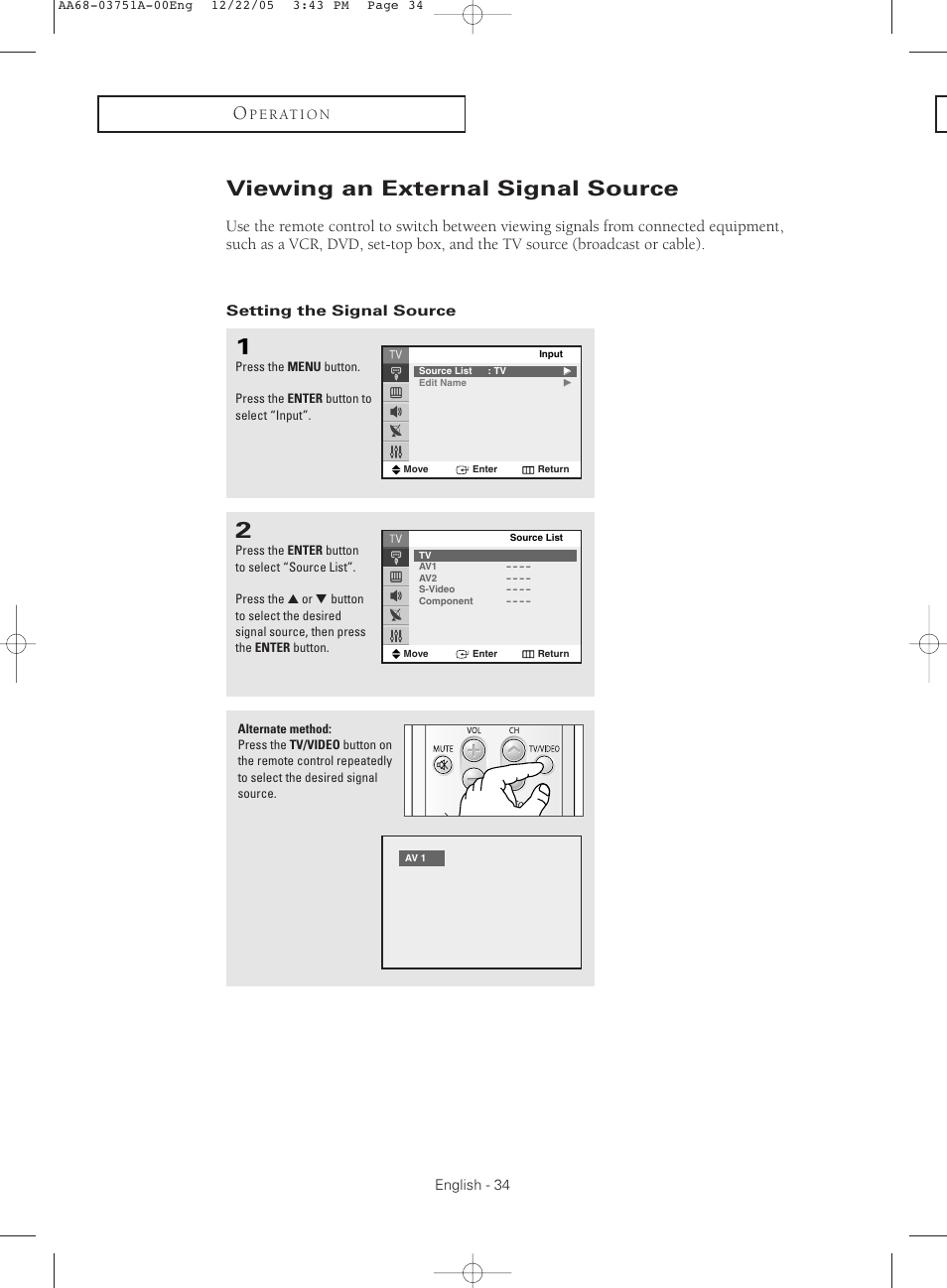 Viewing an external signal source, Setting the signal source | Samsung CL-21Z30 User Manual | Page 34 / 60