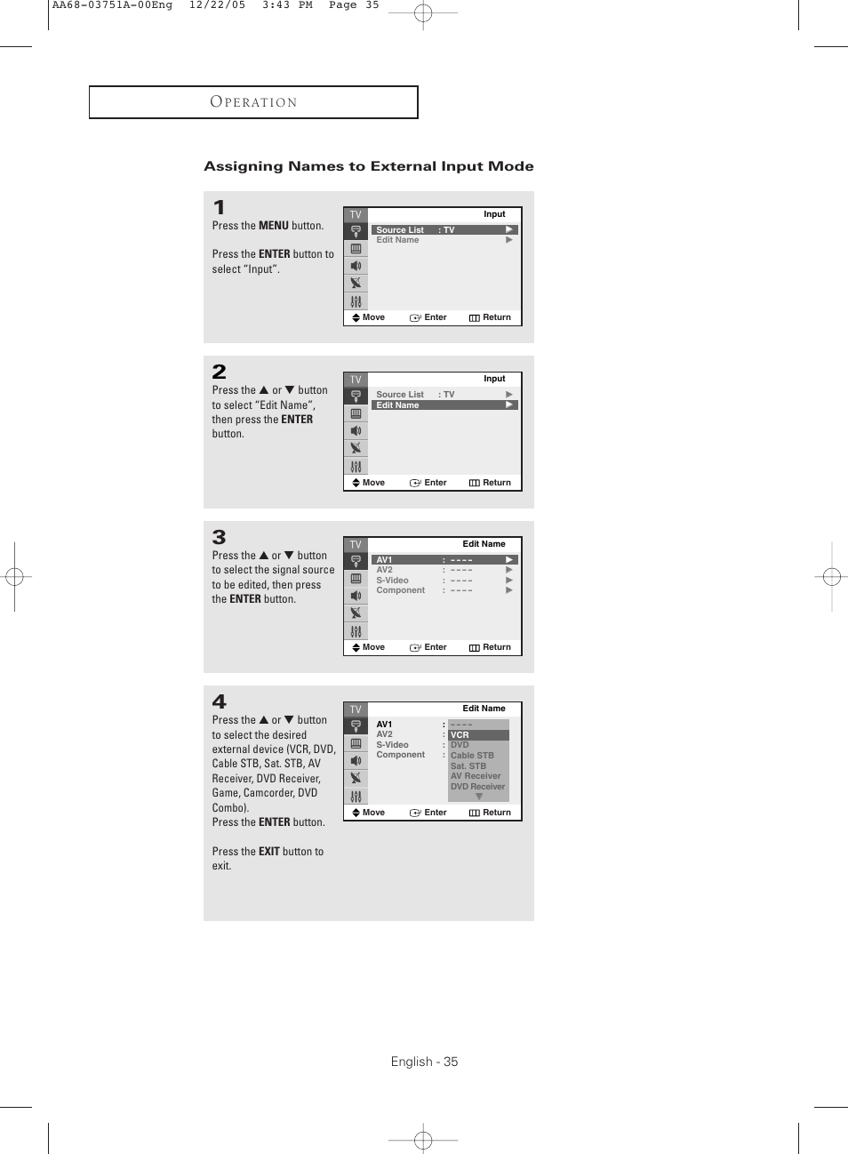 Assigning names to external input mode | Samsung CL-21Z30 User Manual | Page 35 / 60