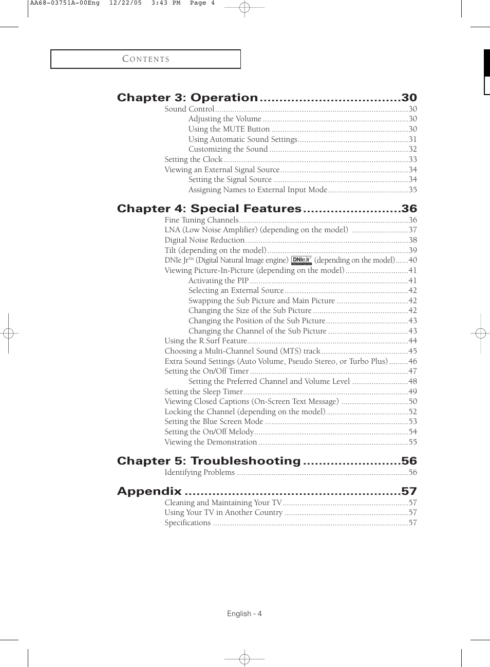 Chapter 3: operation, Chapter 4: special features, Chapter 5: troubleshooting | Appendix | Samsung CL-21Z30 User Manual | Page 4 / 60