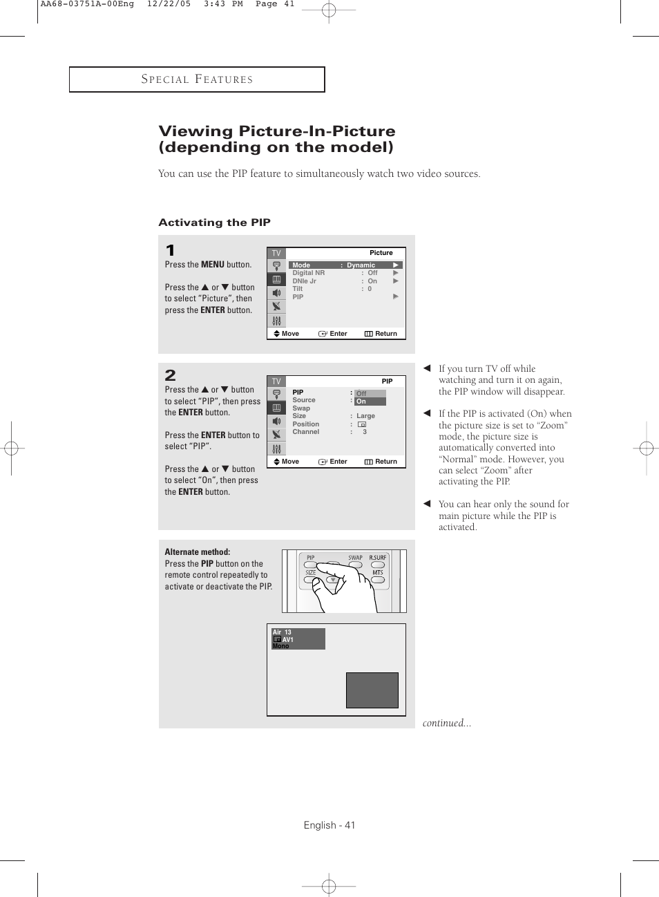 Viewing picture-in-picture(depending on the model), Activating the pip, Continued | Samsung CL-21Z30 User Manual | Page 41 / 60
