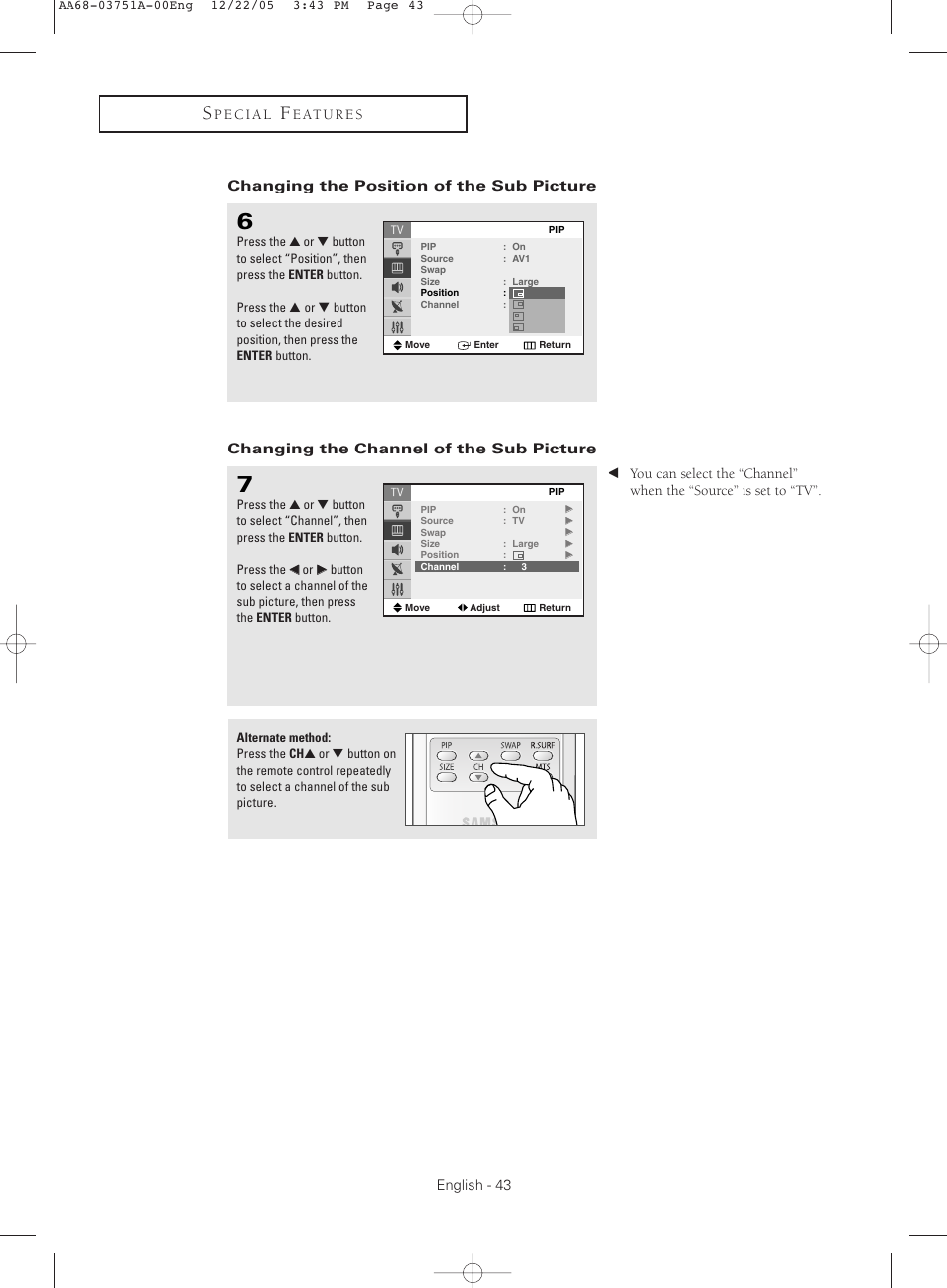 Changing the position of the sub picture, Changing the channel of the sub picture | Samsung CL-21Z30 User Manual | Page 43 / 60
