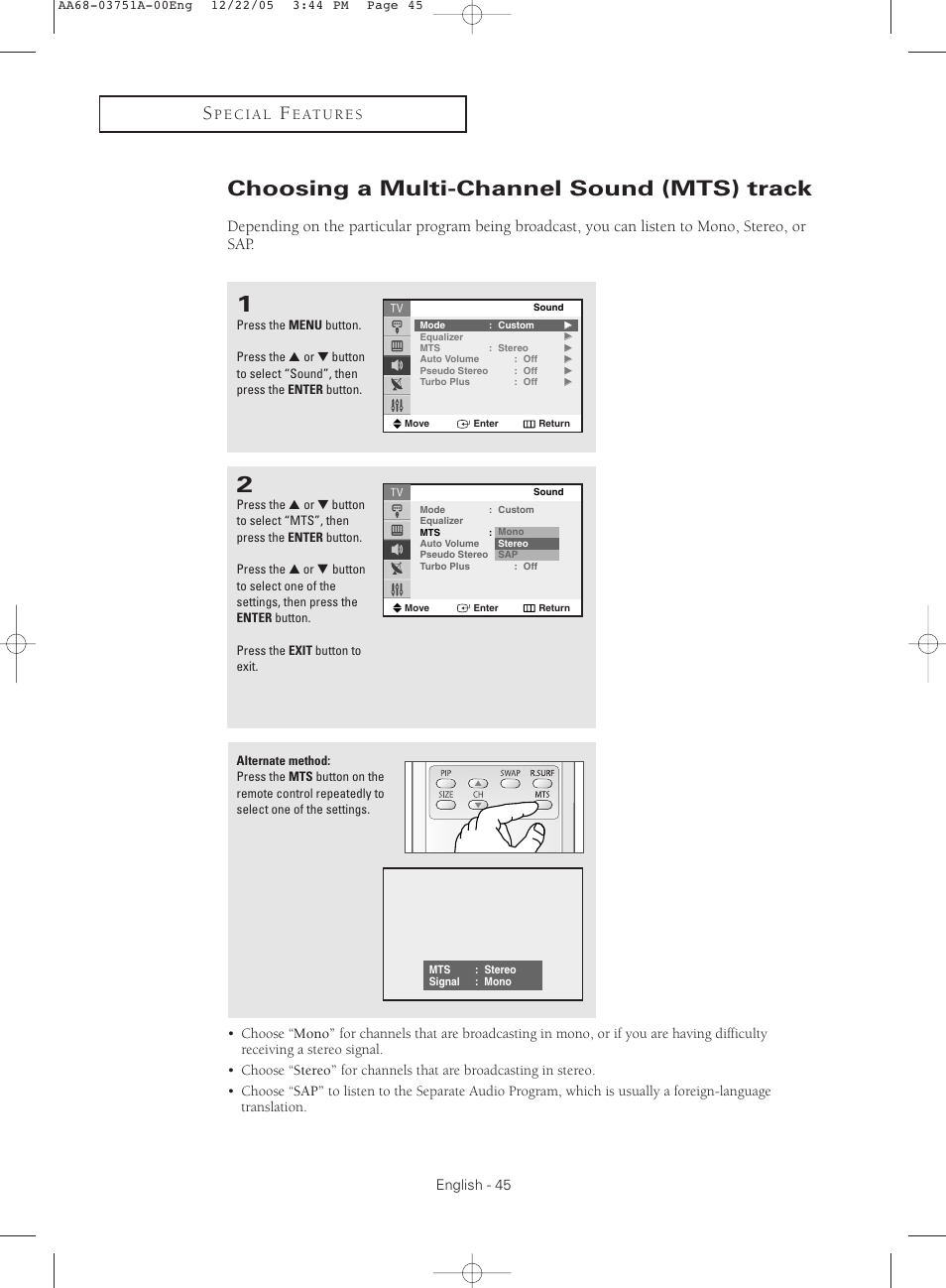 Choosing a multi-channel sound (mts) track | Samsung CL-21Z30 User Manual | Page 45 / 60