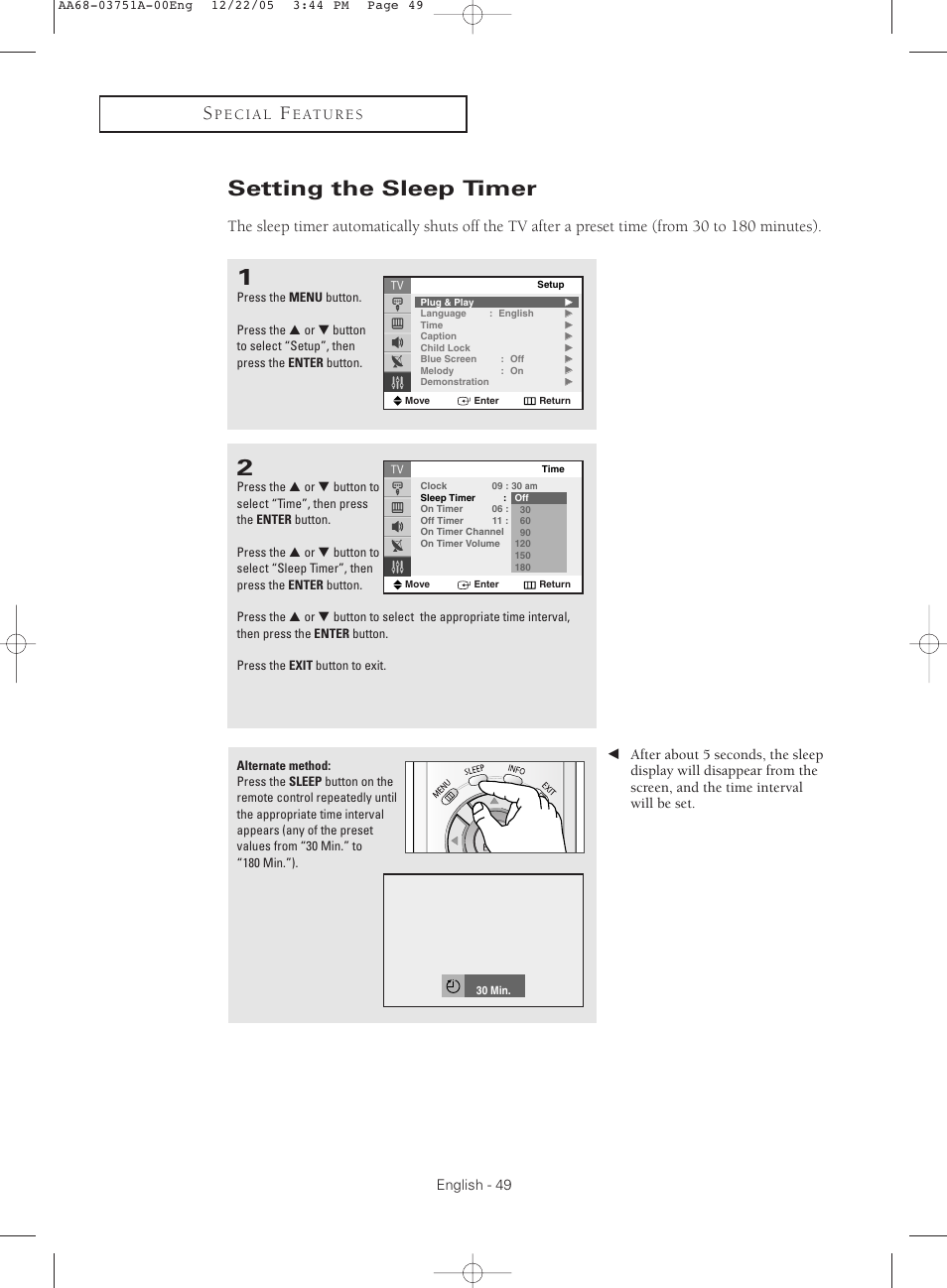 Setting the sleep timer | Samsung CL-21Z30 User Manual | Page 49 / 60