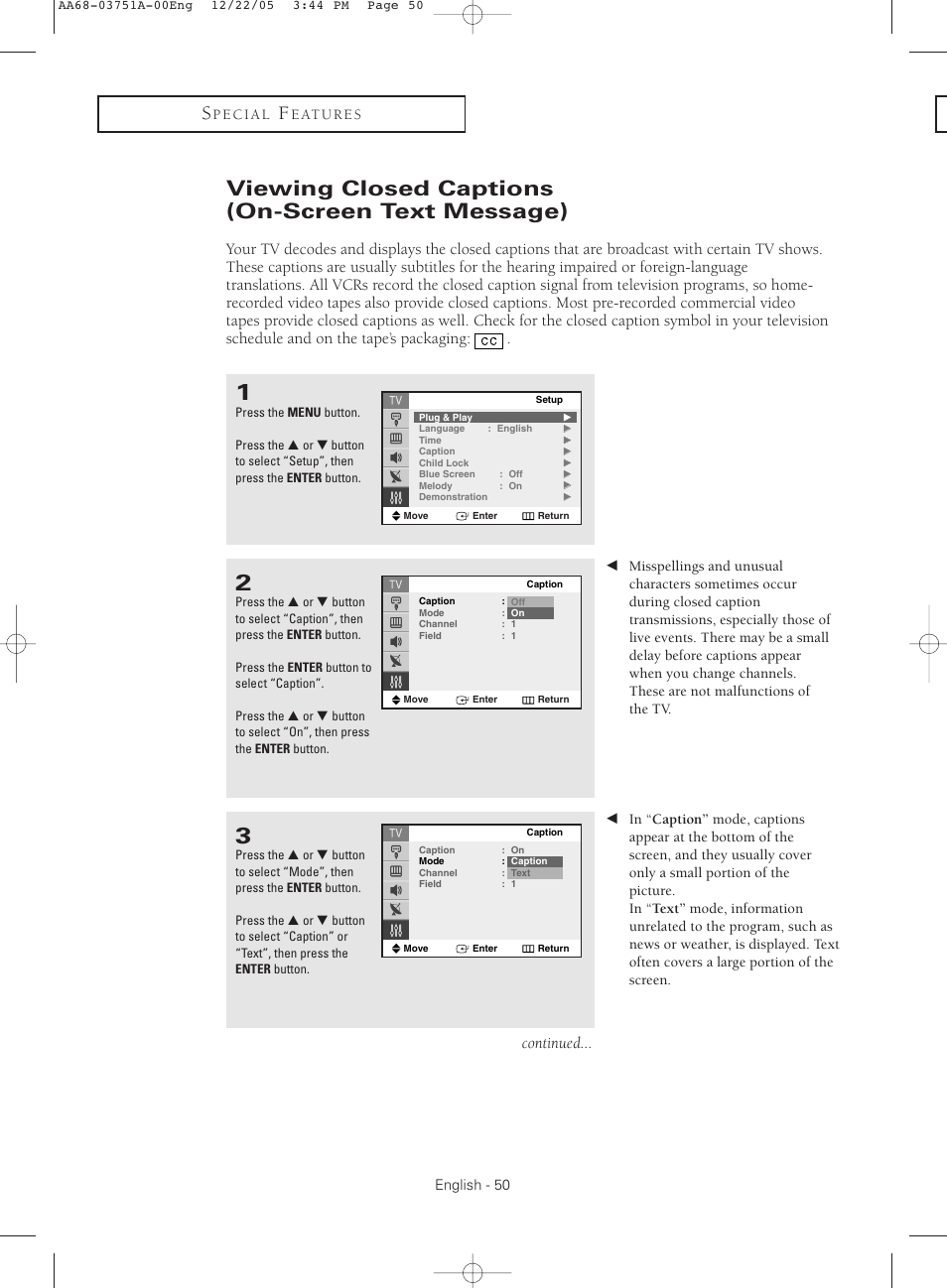 Viewing closed captions(on-screen text message), Viewing closed captions (on-screen text message), Continued | Samsung CL-21Z30 User Manual | Page 50 / 60