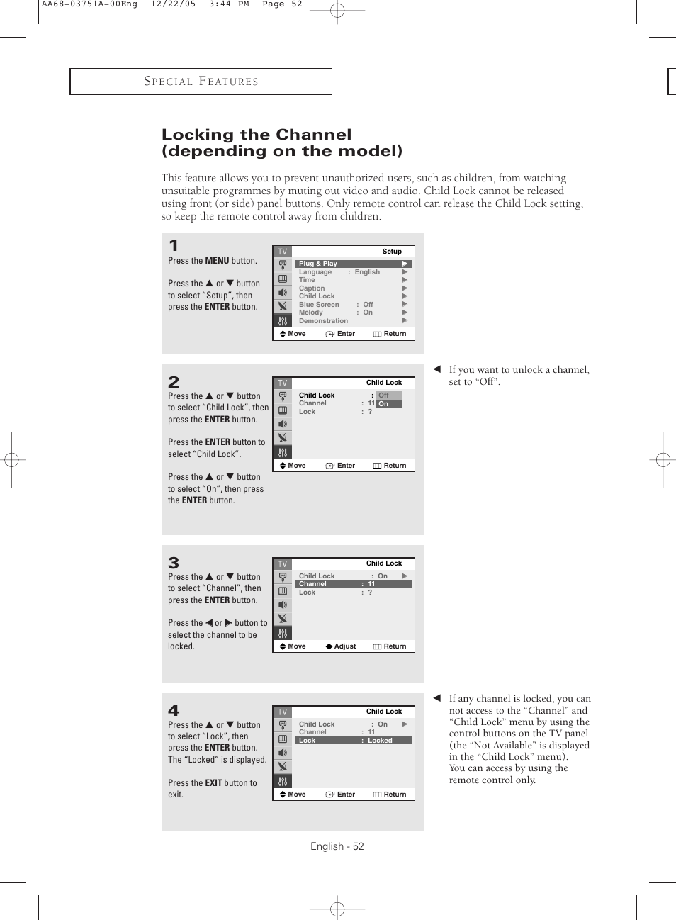 Locking the channel(depending on the model), Locking the channel (depending on the model) | Samsung CL-21Z30 User Manual | Page 52 / 60