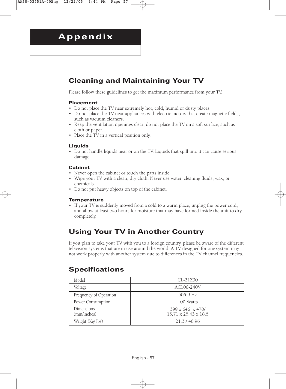 Appendix, Cleaning and maintaining your tv, Using your tv in another country | Specifications | Samsung CL-21Z30 User Manual | Page 57 / 60
