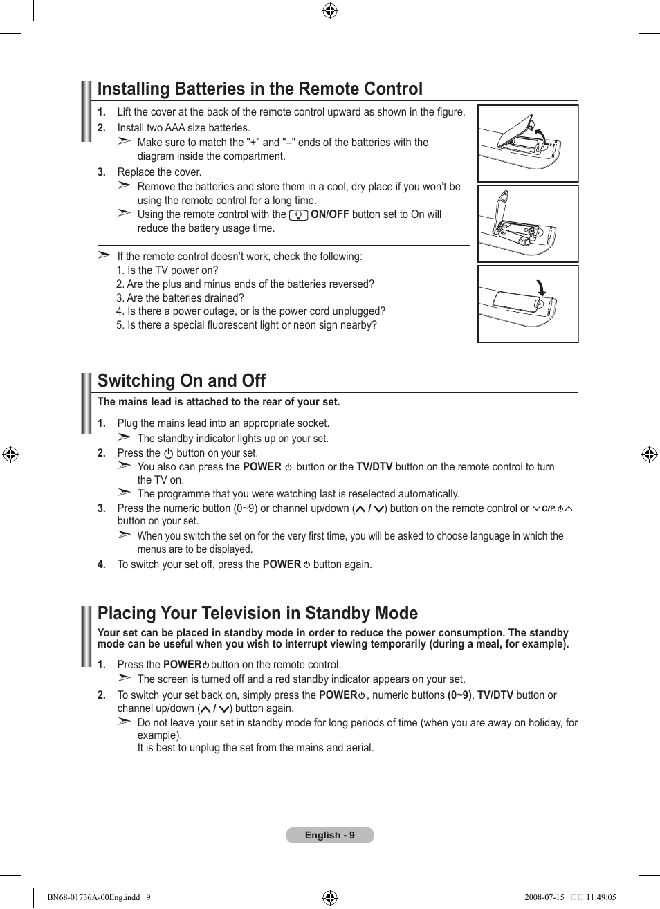 Installing batteries in the remote control, Switching on and off, Placing your television in standby mode | Samsung BN68-01736A-00 User Manual | Page 11 / 69