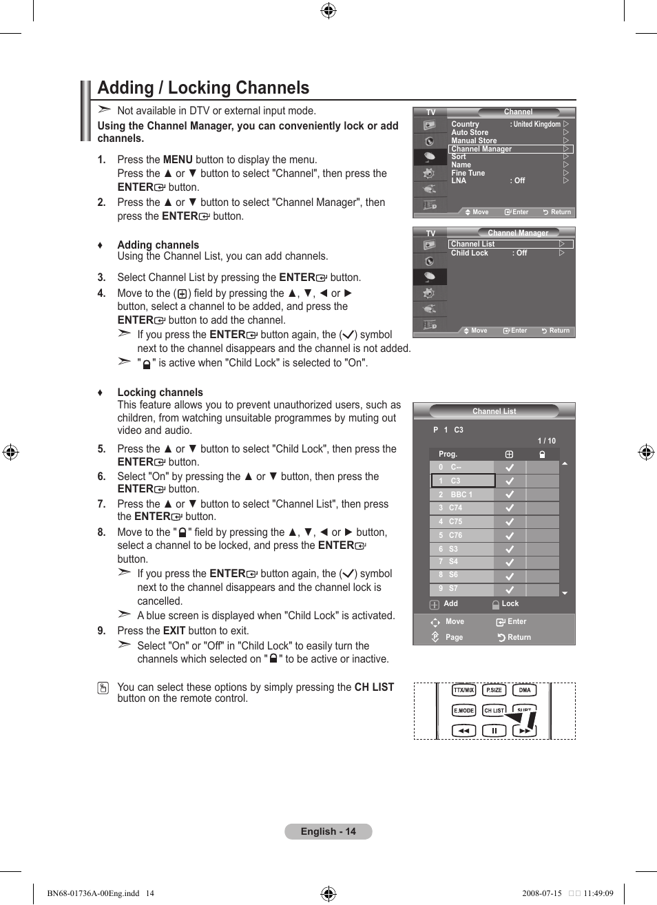 Adding / locking channels | Samsung BN68-01736A-00 User Manual | Page 16 / 69