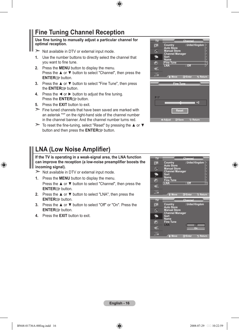 Fine tuning channel reception, Lna (low noise amplifier) | Samsung BN68-01736A-00 User Manual | Page 18 / 69