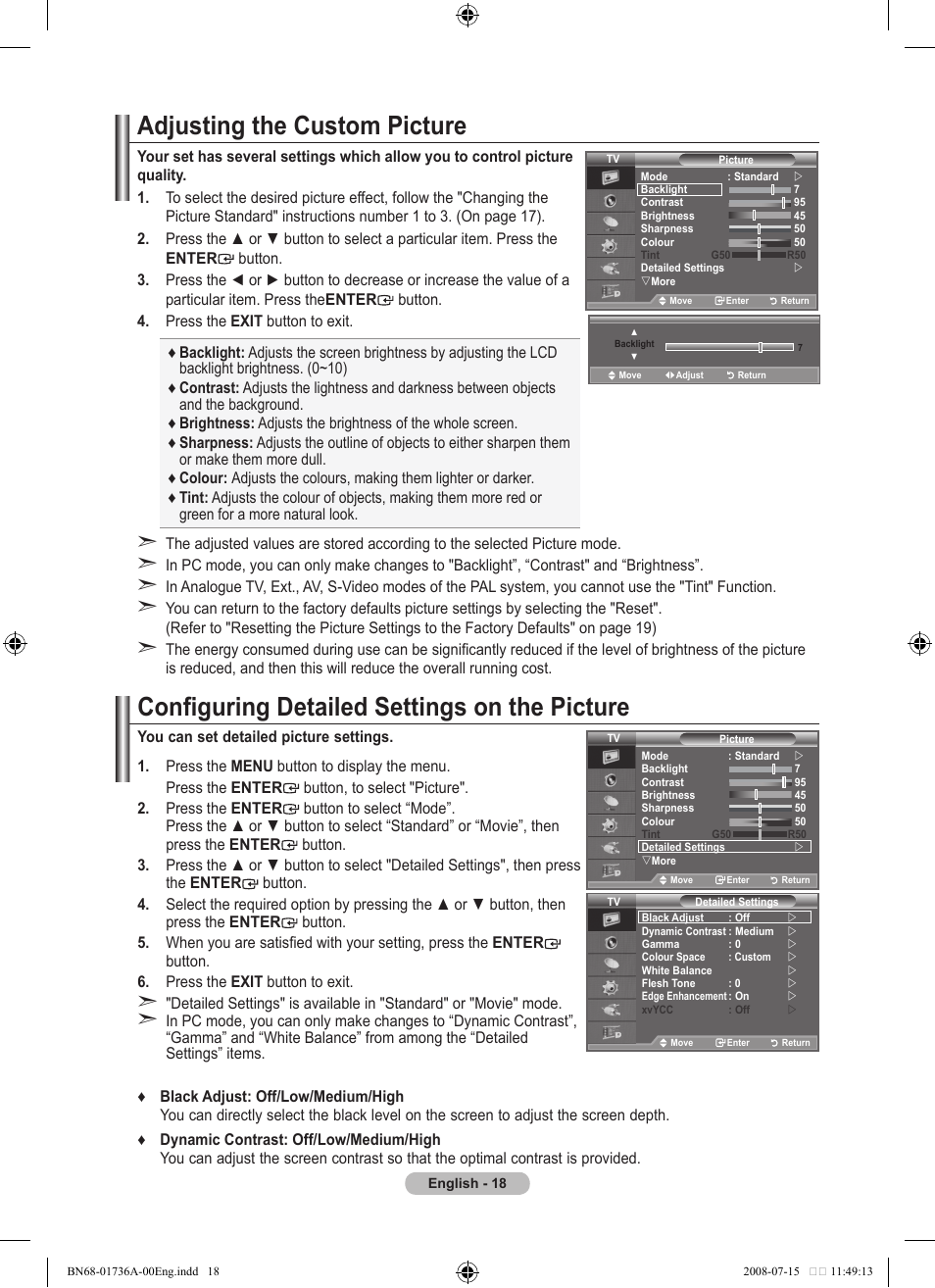 Adjusting the custom picture, Configuring detailed settings on the picture | Samsung BN68-01736A-00 User Manual | Page 20 / 69