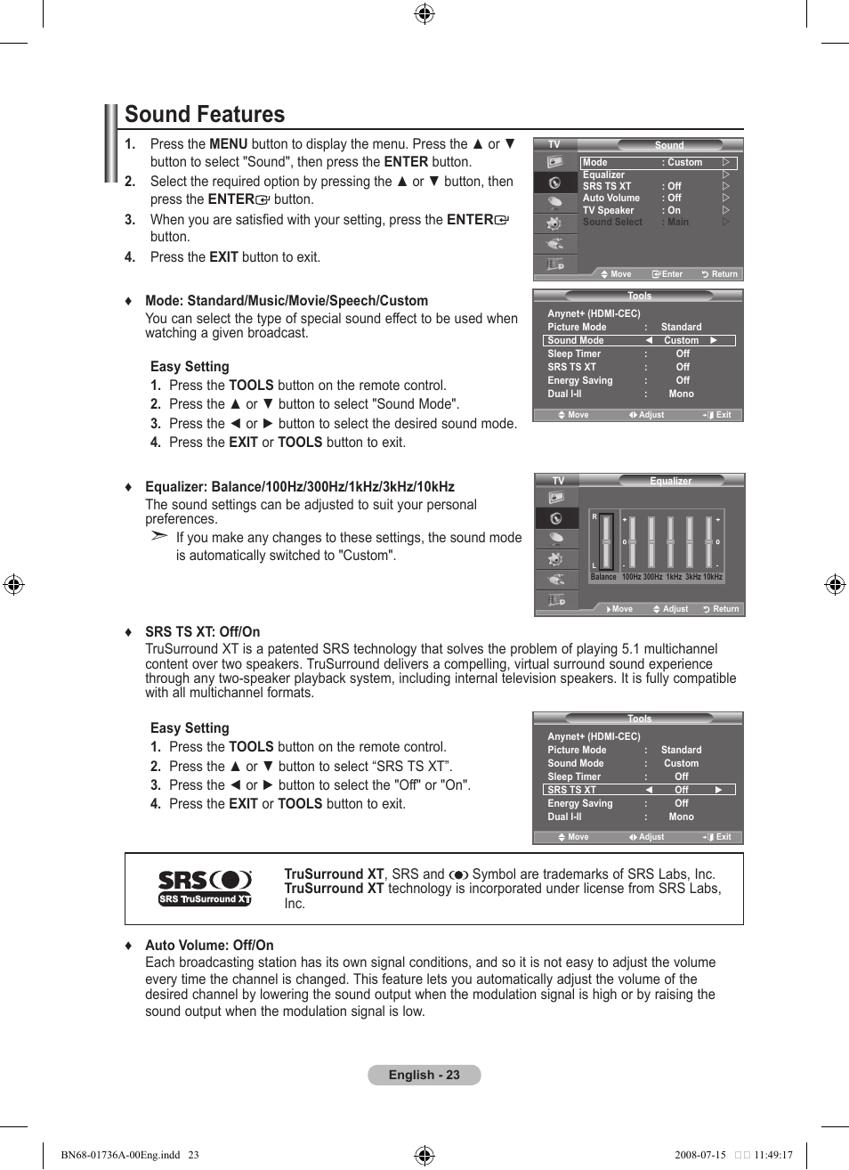 Setting the sound, Sound features | Samsung BN68-01736A-00 User Manual | Page 25 / 69