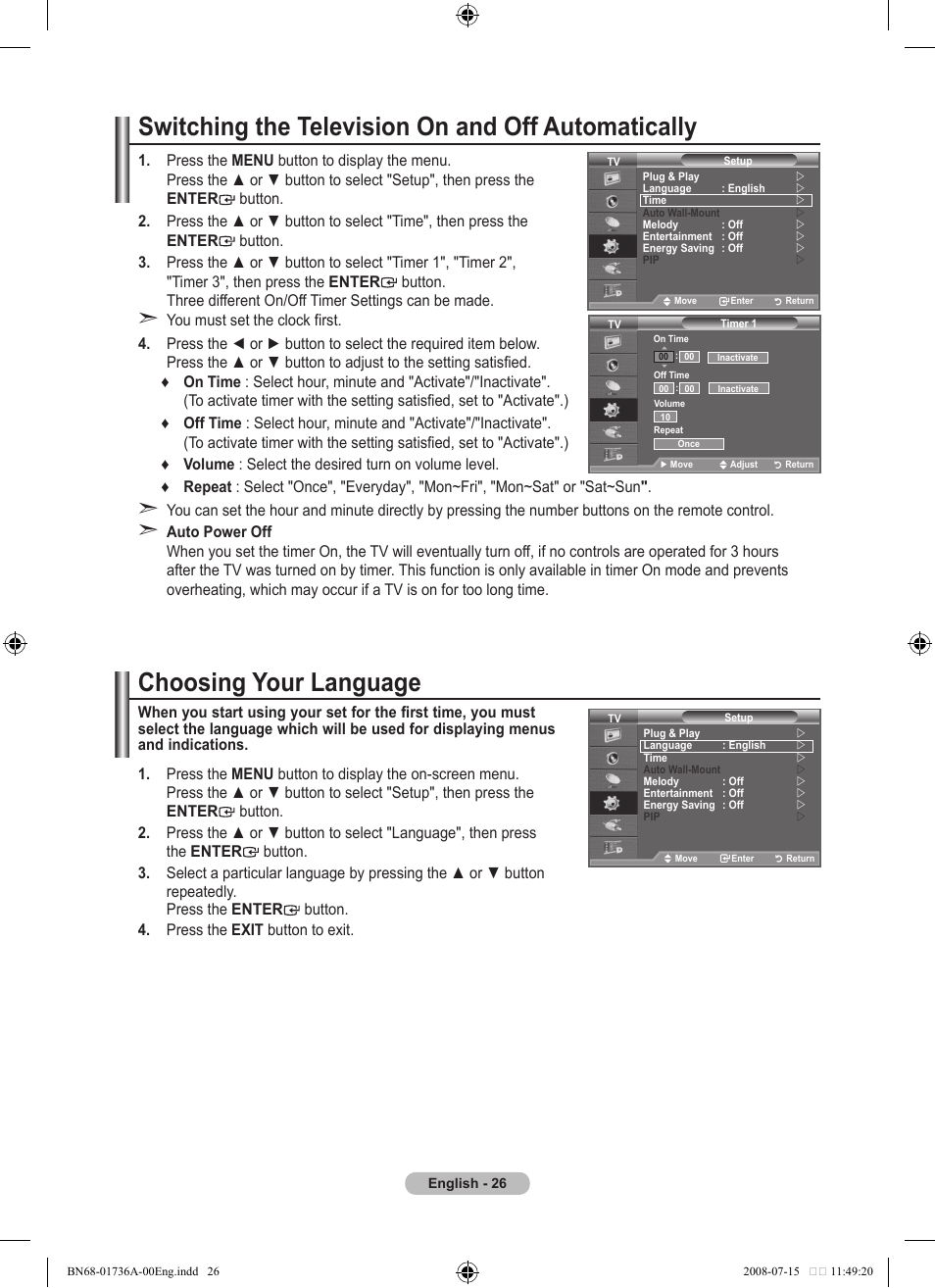 Switching the television on and off automatically, Function description, Choosing your language | Samsung BN68-01736A-00 User Manual | Page 28 / 69