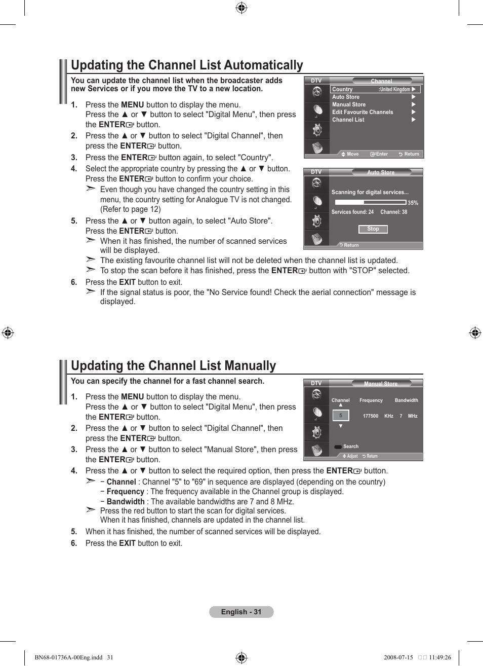 Updating the channel list automatically, Updating the channel list manually | Samsung BN68-01736A-00 User Manual | Page 33 / 69