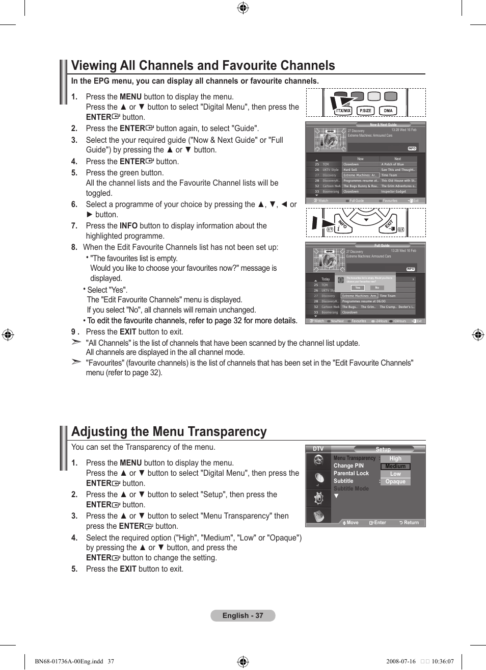 Viewing all channels and favourite channels, Adjusting the menu transparency | Samsung BN68-01736A-00 User Manual | Page 39 / 69