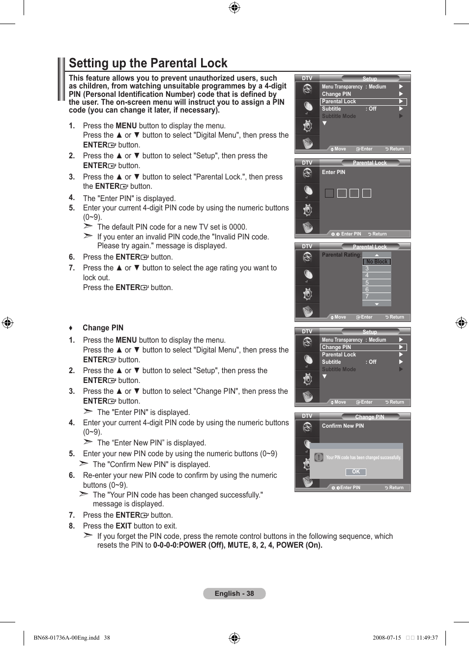 Setting up the parental lock | Samsung BN68-01736A-00 User Manual | Page 40 / 69