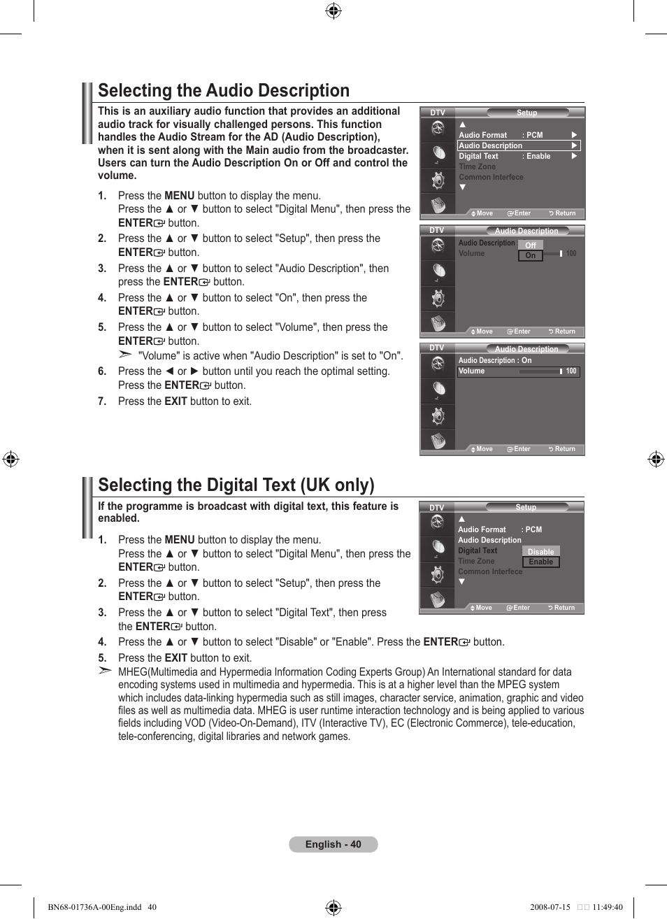 Selecting the audio description, Selecting the digital text (uk only) | Samsung BN68-01736A-00 User Manual | Page 42 / 69