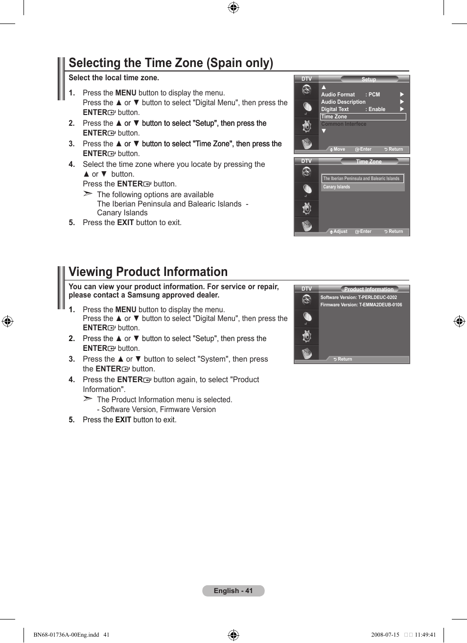 Selecting the time zone (spain only), Viewing product information | Samsung BN68-01736A-00 User Manual | Page 43 / 69