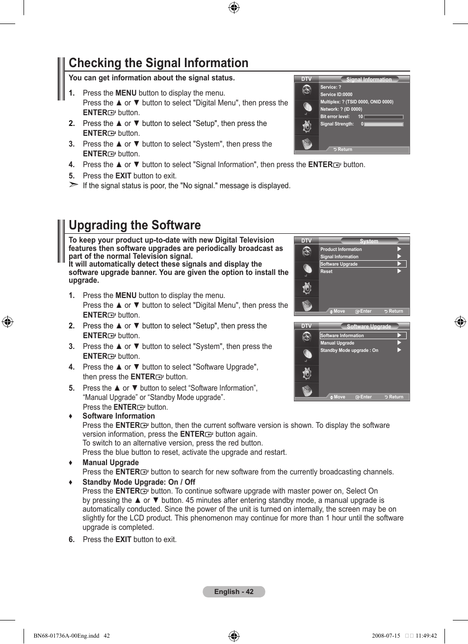 Checking the signal information, Upgrading the software | Samsung BN68-01736A-00 User Manual | Page 44 / 69