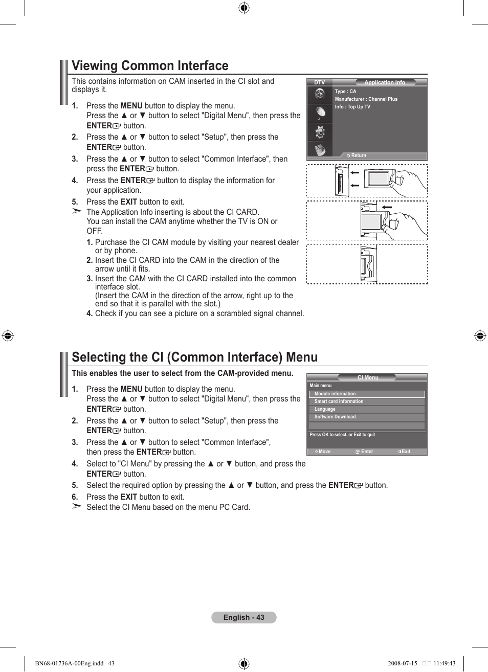 Viewing common interface, Selecting the ci (common interface) menu | Samsung BN68-01736A-00 User Manual | Page 45 / 69