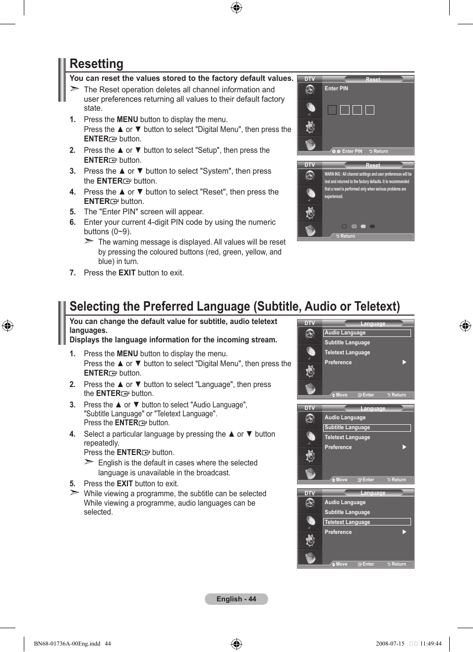 Resetting | Samsung BN68-01736A-00 User Manual | Page 46 / 69