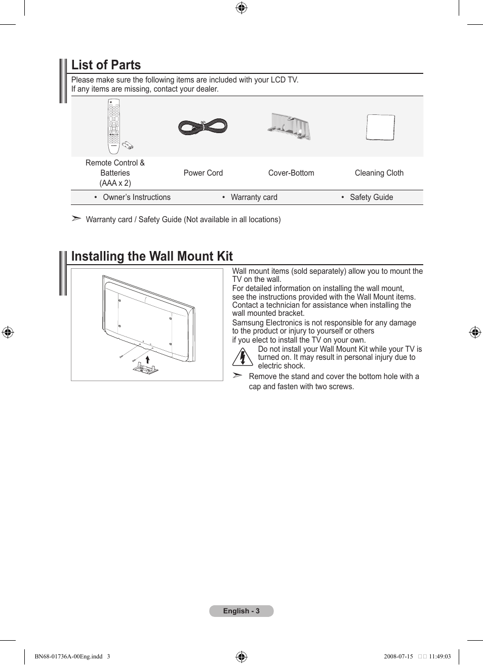 Conecting and preparing your tv, List of parts, Installing the wall mount kit | Samsung BN68-01736A-00 User Manual | Page 5 / 69