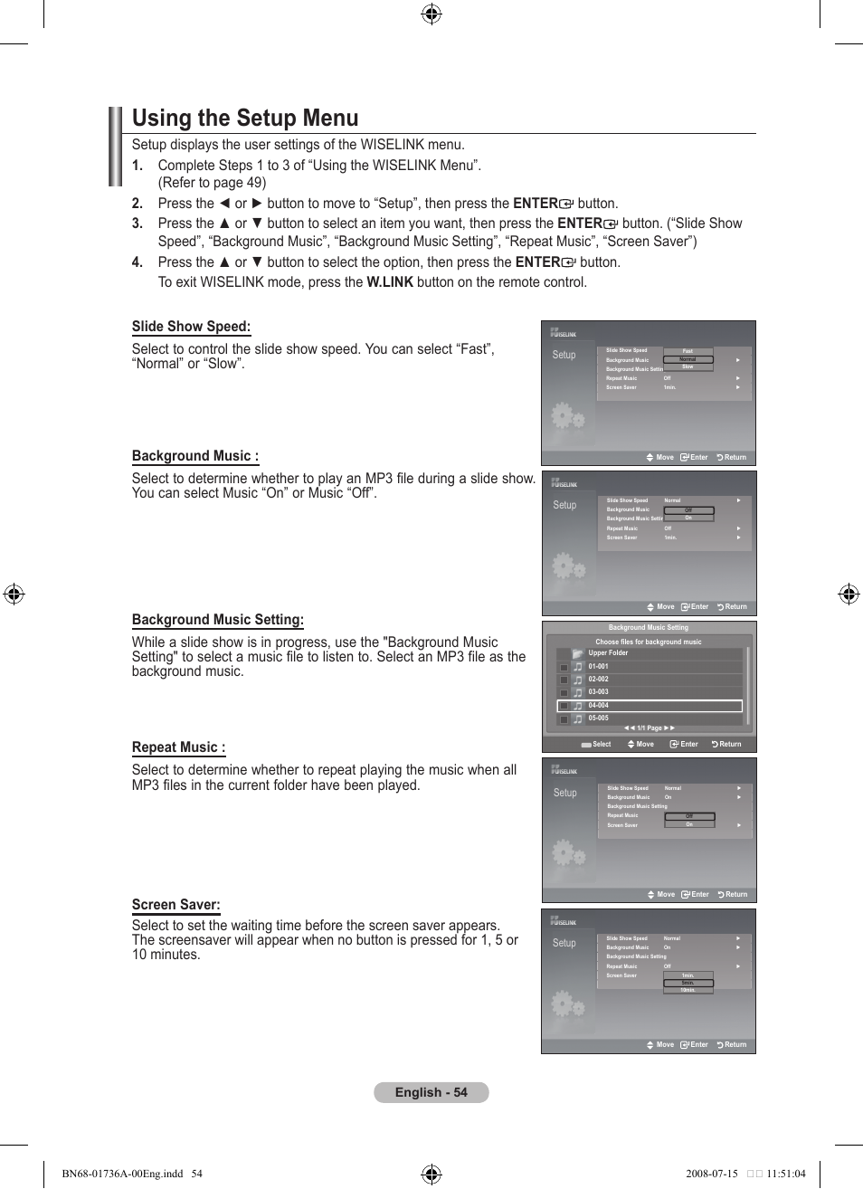 Using the setup menu, English | Samsung BN68-01736A-00 User Manual | Page 56 / 69