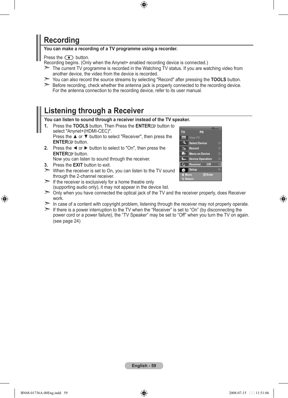 Recording, Listening through a receiver | Samsung BN68-01736A-00 User Manual | Page 61 / 69