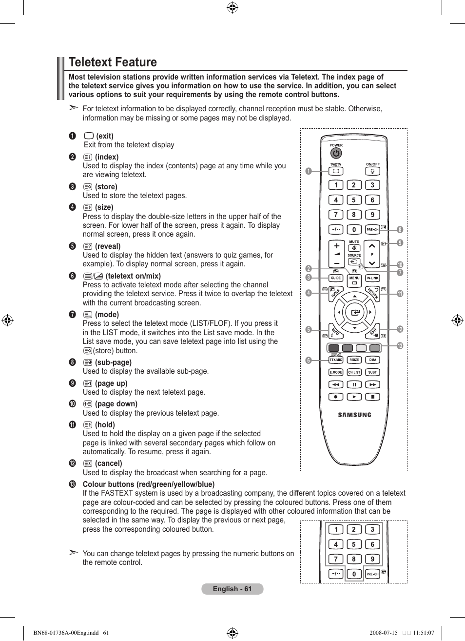 Recommendations for use, Teletext feature | Samsung BN68-01736A-00 User Manual | Page 63 / 69