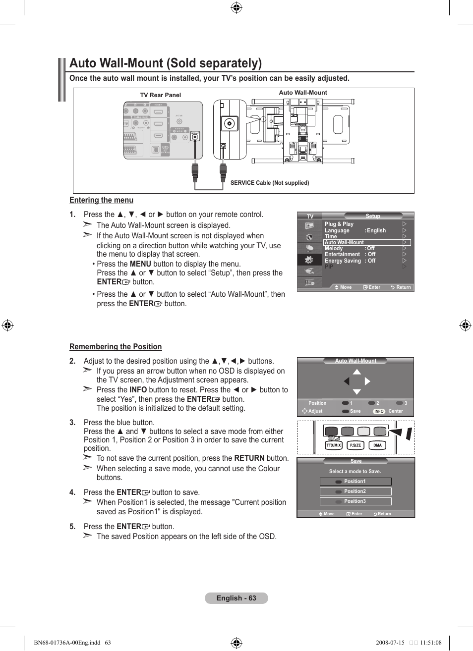 Auto wall-mount (sold separately) | Samsung BN68-01736A-00 User Manual | Page 65 / 69