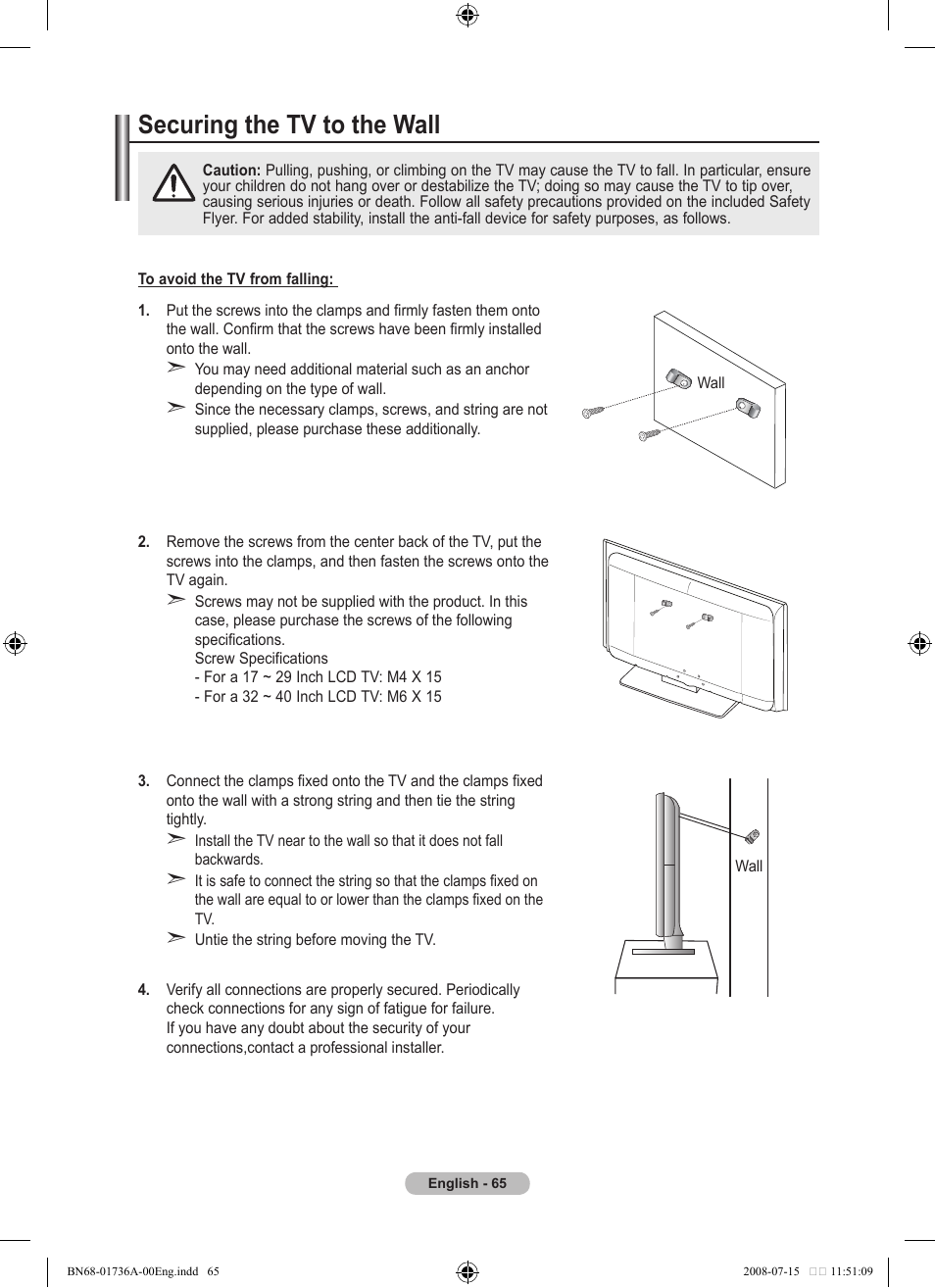 Securing the tv to the wall, 경고 주의 경고 주의 | Samsung BN68-01736A-00 User Manual | Page 67 / 69