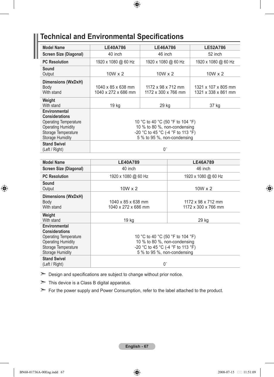 Technical and environmental specifications | Samsung BN68-01736A-00 User Manual | Page 69 / 69
