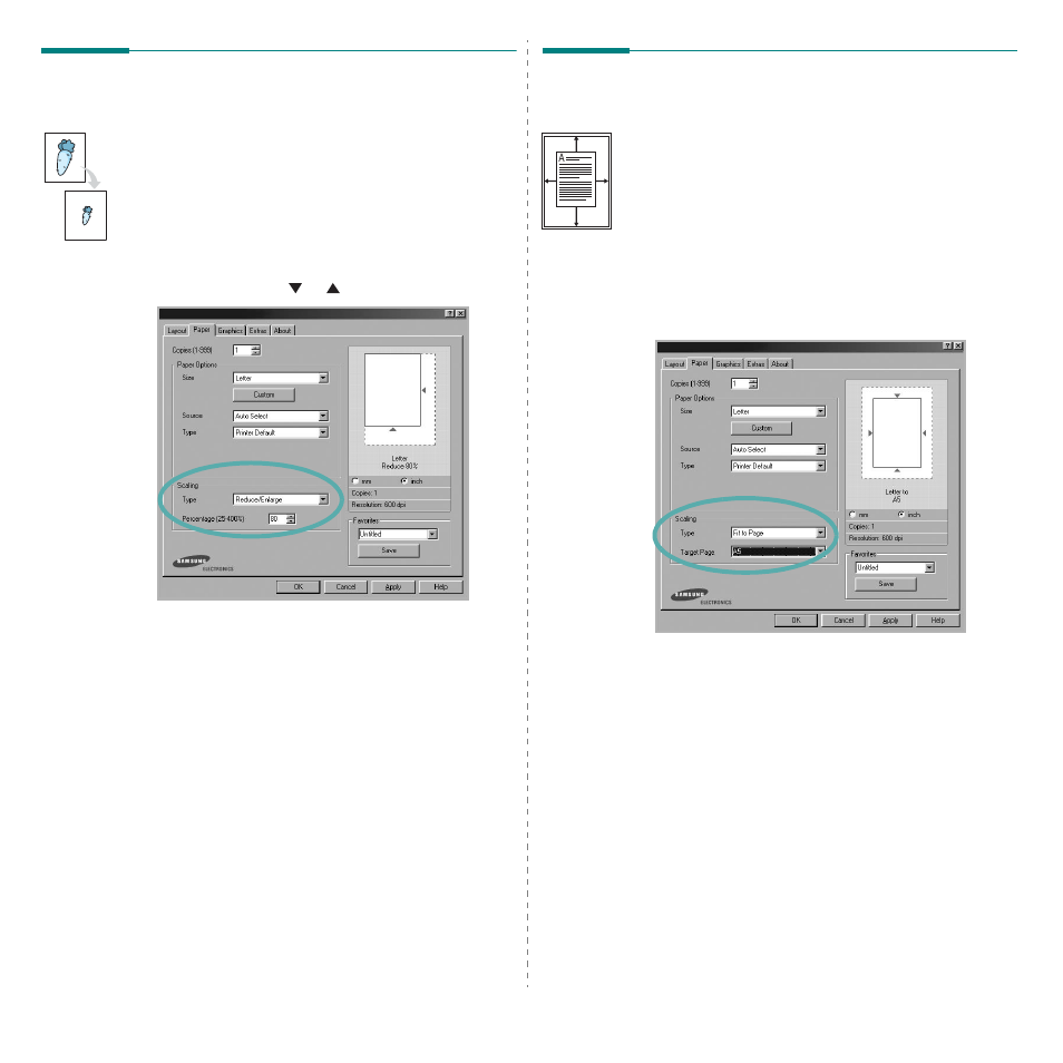 Printing a reduced or enlarged document, Fitting your document to a selected paper size, Printing a reduced or enlarged document” on | Fitting your document to a selected paper | Samsung ML-3560 Series User Manual | Page 103 / 124