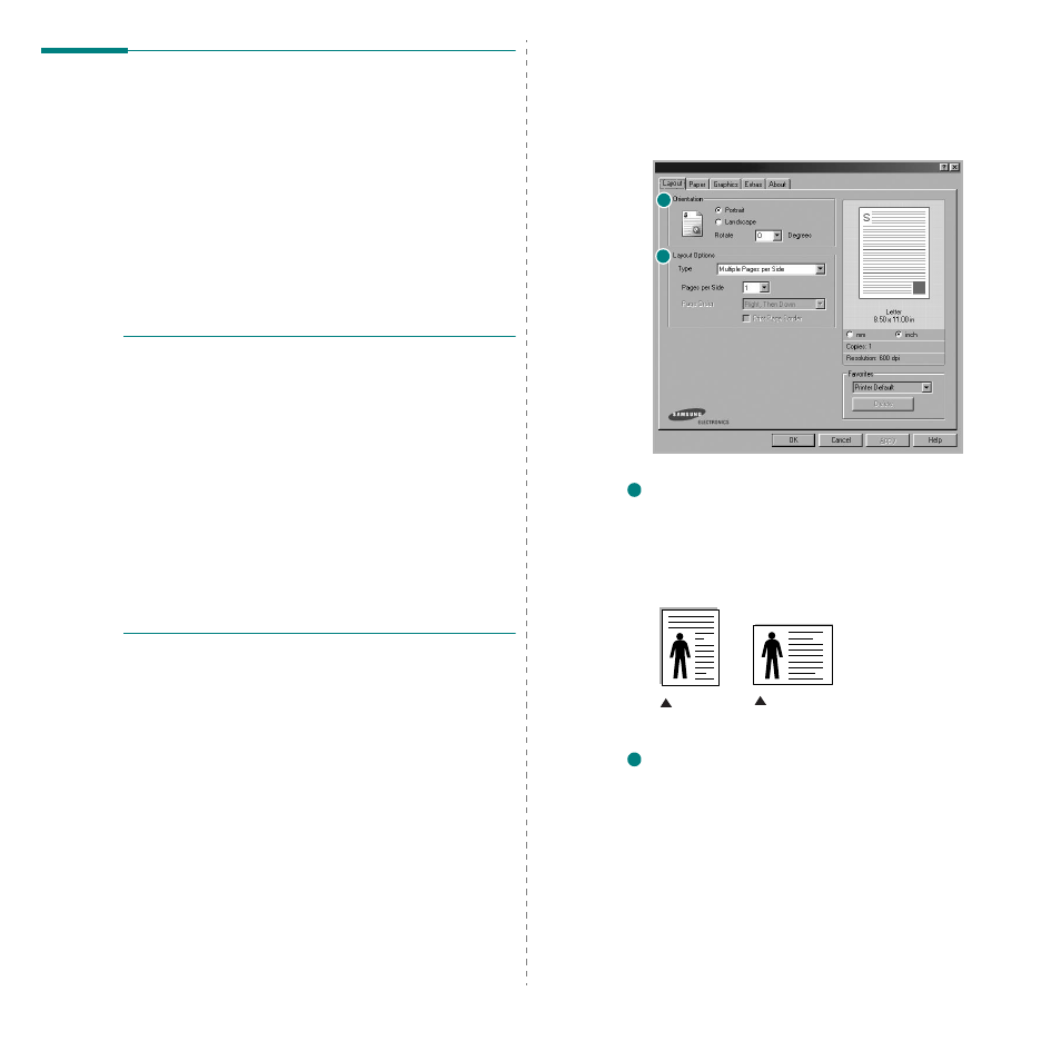 Printer settings, Layout tab, Ee “printer | Samsung ML-3560 Series User Manual | Page 95 / 124