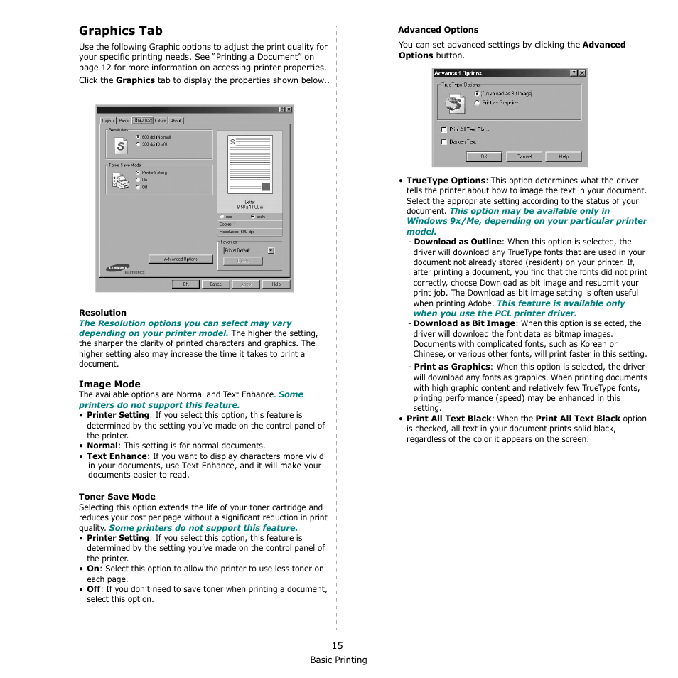 Graphics tab | Samsung ML-3560 Series User Manual | Page 97 / 124