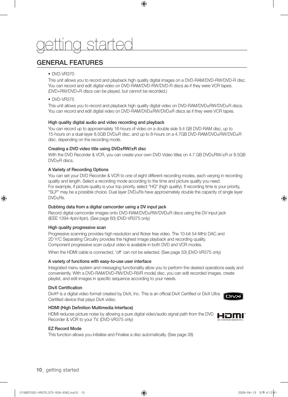 General features, Getting started | Samsung DVD-VR375 User Manual | Page 10 / 85