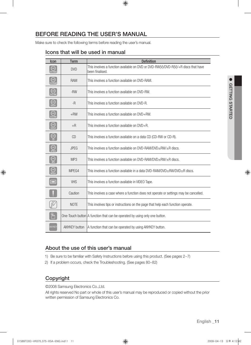 Before reading the user’s manual | Samsung DVD-VR375 User Manual | Page 11 / 85