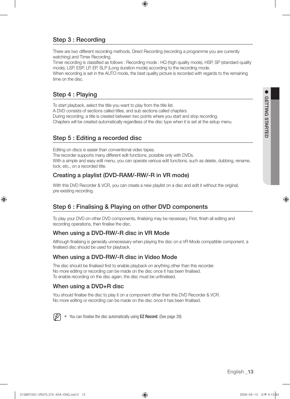 Step 3 : recording, Step 4 : playing, Step 5 : editing a recorded disc | Samsung DVD-VR375 User Manual | Page 13 / 85