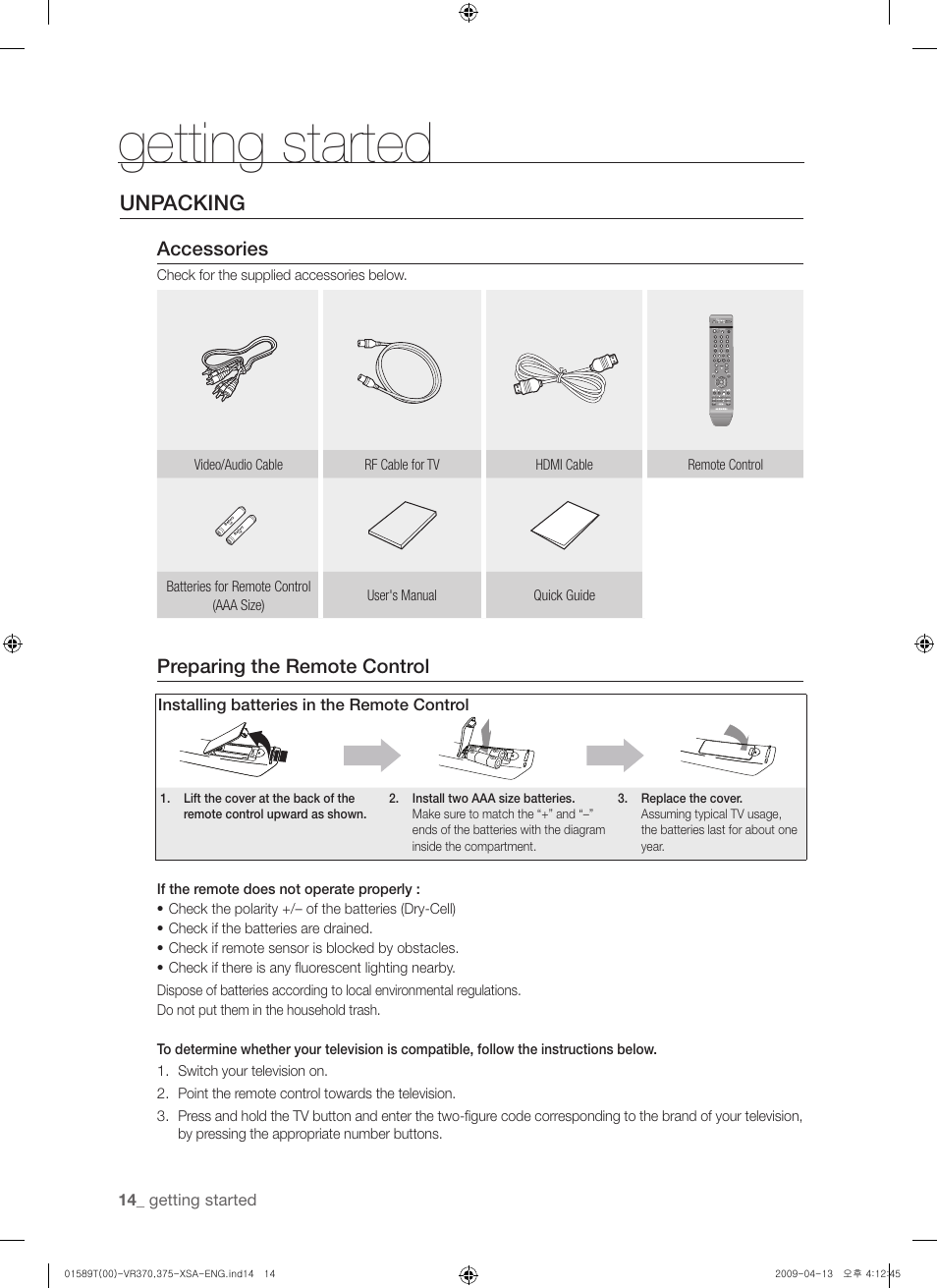 Unpacking, Getting started, Accessories | Preparing the remote control | Samsung DVD-VR375 User Manual | Page 14 / 85