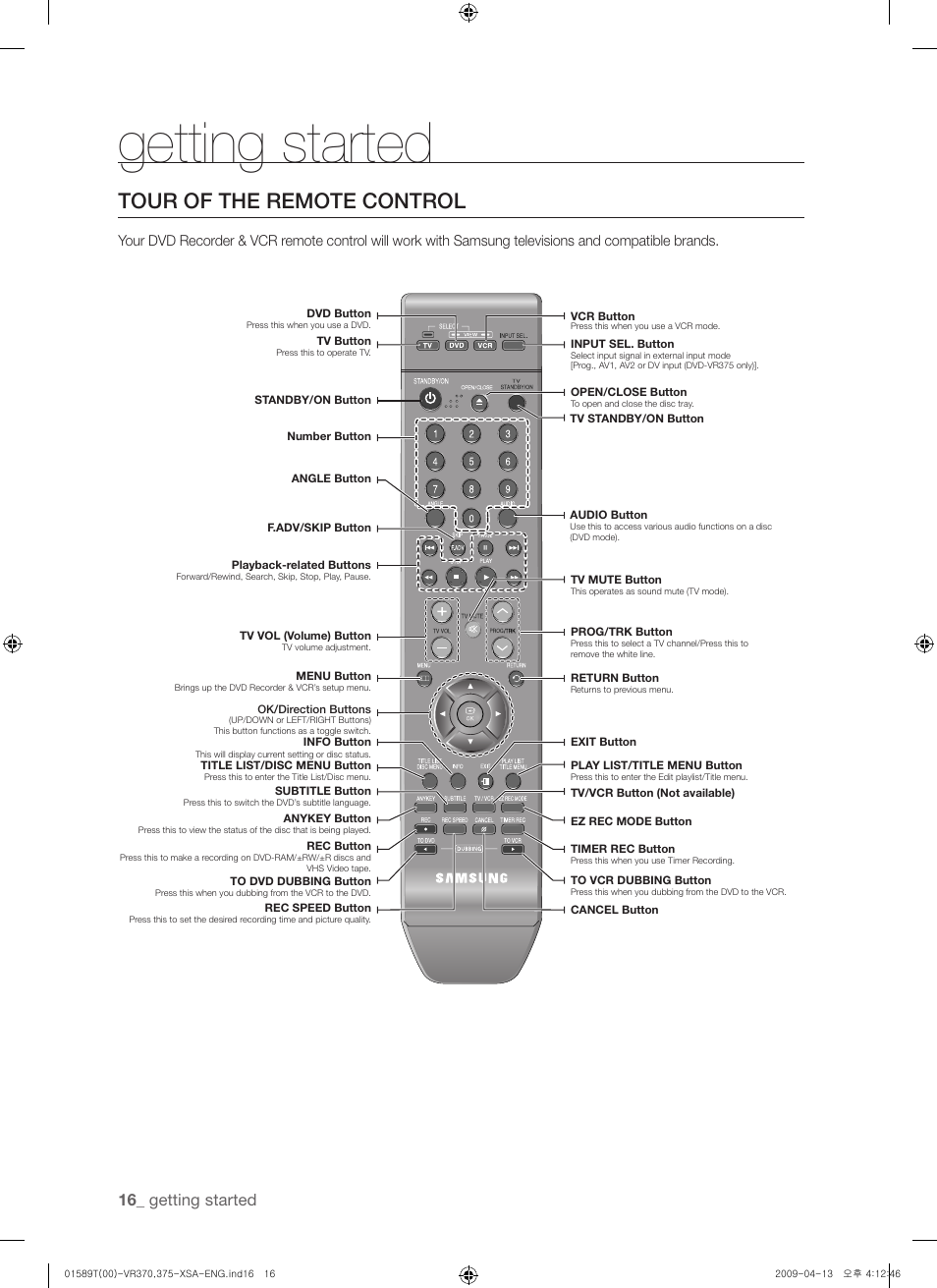 Tour of the remote control, Getting started | Samsung DVD-VR375 User Manual | Page 16 / 85