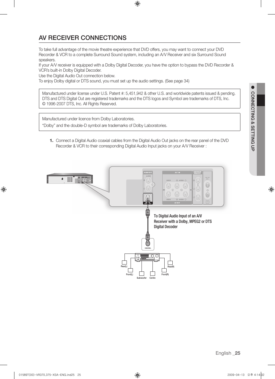 Av receiver connections | Samsung DVD-VR375 User Manual | Page 25 / 85