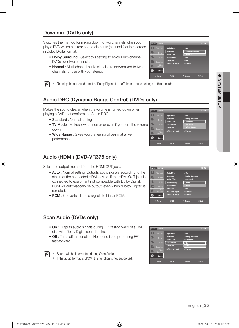 Downmix (dvds only), Audio drc (dynamic range control) (dvds only), Audio (hdmi) (dvd-vr375 only) | Scan audio (dvds only), English, System setup | Samsung DVD-VR375 User Manual | Page 35 / 85