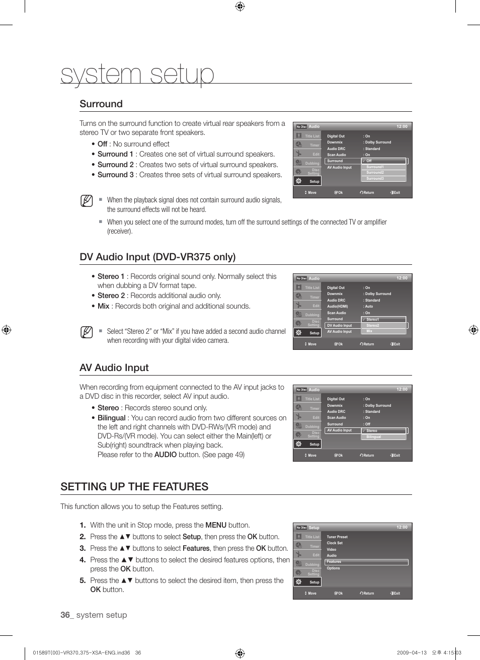 Seting up the features, Setting up the features, Surround | Dv audio input (dvd-vr375 only), Av audio input, System setup | Samsung DVD-VR375 User Manual | Page 36 / 85