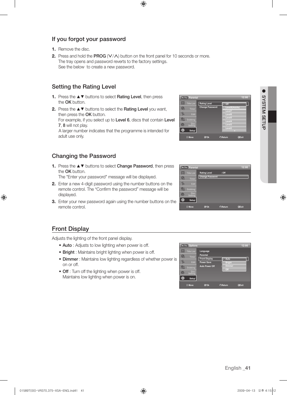 Front display, If you forgot your password, Setting the rating level | Changing the password, English | Samsung DVD-VR375 User Manual | Page 41 / 85